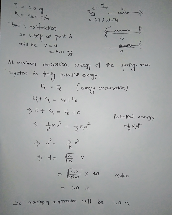 u-iha veloe 1.0 m At maniu compression, energy syster is l o teotial enengy omes n6 the spinq- mees eney consers vat/bn Po le