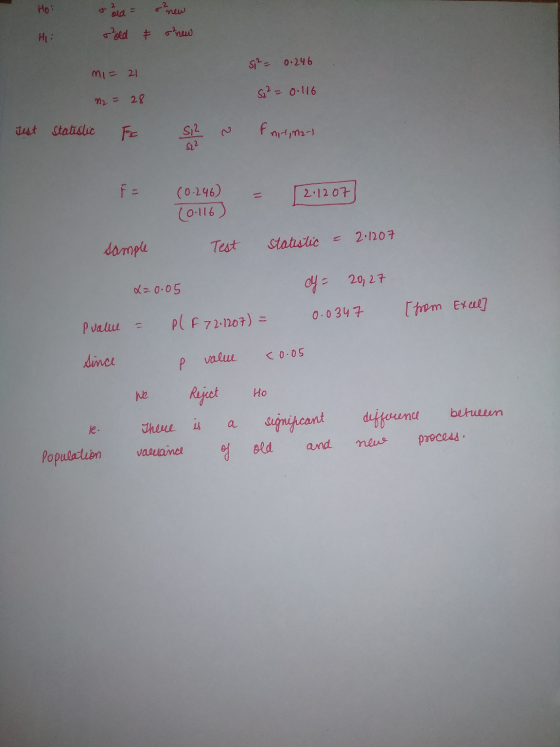 ald o old se new & o new S1²= 0.246 S² = 0.116 mi= 21 m2 = 28 Jest Statistic F S12 ~ Fmt, ma- 22 F = (0.246) (0.116) = 2.1207