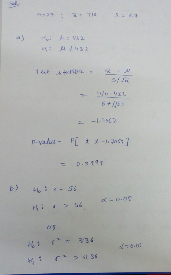 n=27 ; a= 410 ; S = 67 Hoi Hi l = 432 ell 7432 Test statistic = T - ll slu 410-432 671/27 z - 1.7062 p-value- Plt & -107062]