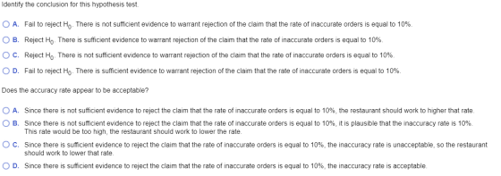 Identify the conclusion for this hypothesis test. O A. Fail to reject Ho. There is not sufficient evidence to warrant rejecti