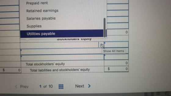 Prepaid rent Retained earnings Salaries payable Supplies Utilities payable SWC noluers cyurty Show All Items Total stockholde