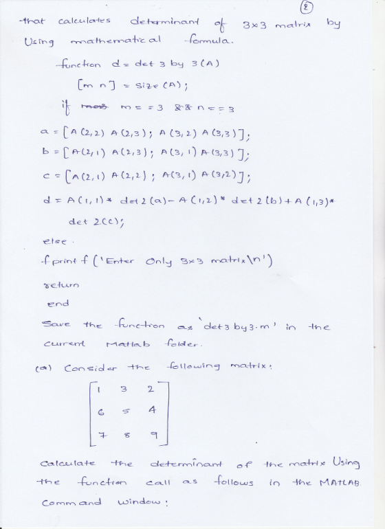 -that calculates determinant o Usng tematic al -funcon det 3 by 3 CA) aA2,2) A 2,3) A (3,2) A (3,3) (2, A (2,2),)(32)2 det 2.