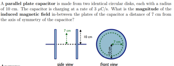 A parallel plate capacitor is made from two identical circular disks, each with a radius of 10 cm. The capacitor is charging
