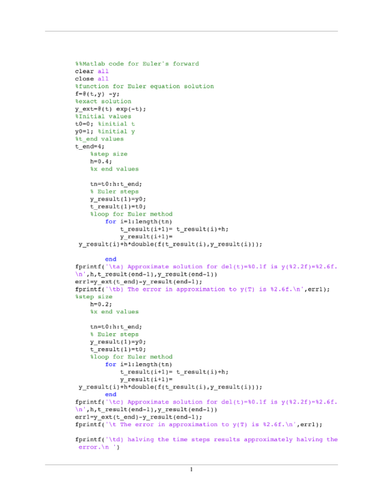 SMatlab code for Eulers forward clear all close all %function for Euler equation solution f-e (t,y) -Y %exact solution y_ext