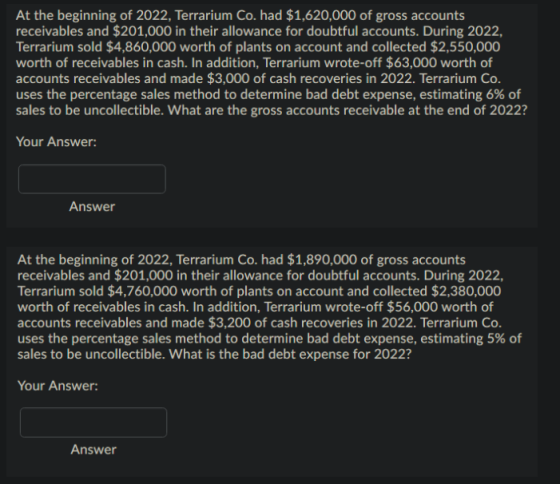 At the beginning of 2022, Terrarium Co. had $1,620,000 of gross accounts receivables and $201,000 in their allowance for doub