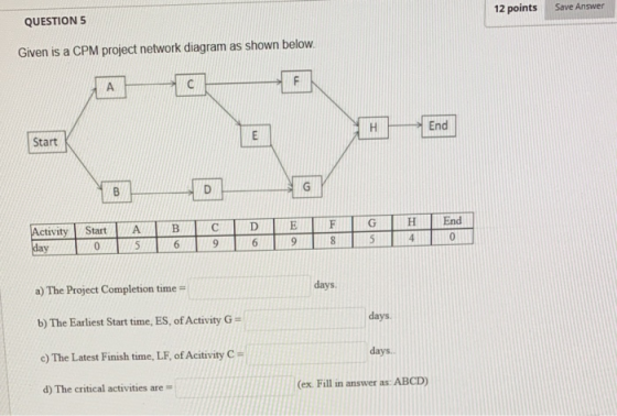 12 points Save Answer QUESTION 5 Given is a CPM project network diagram as shown below. F А H End E Start G B D E F Activity