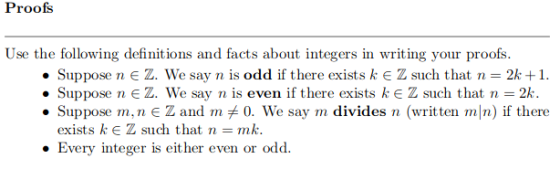 Proofs Use the following definitions and facts about integers in writing your proofs. . Suppose n є Z. We say n is odd if the