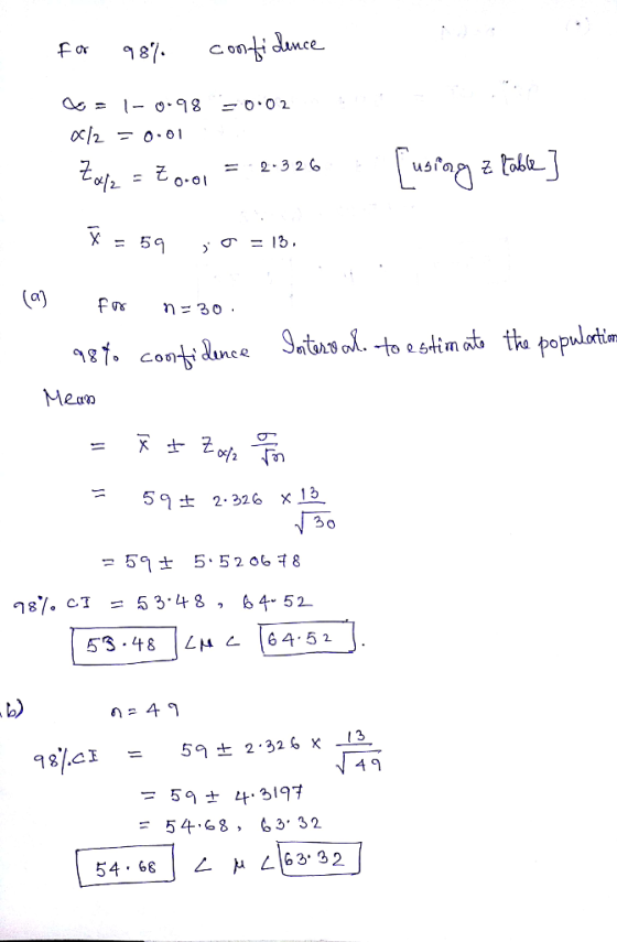 for 98 dunce Co = 2.326 そ (a) for η 30. 26tim PoP 59± 2.326 x. 4% 53.48 LA C 64.52 4 9 593197 54-68 , 63, 32 54.68 | μ 163, 3