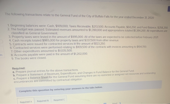 The following transactions relate to the General Fund of the City of Buffalo Falls for the year ended December 31, 2020 1. Be