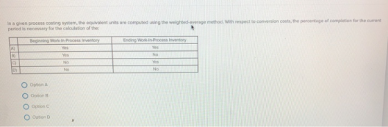 In a given process costing system, the equilvalent units are computed using the weigh period is necessary for the cnlculntion of the: method. With respect to coniversion costs, the percentage of completion for the current Beginning Work-in-Process Inventory Ending Work-In Process Inventory A) 司 c) No No No O Opton A O Option B O option C Option D