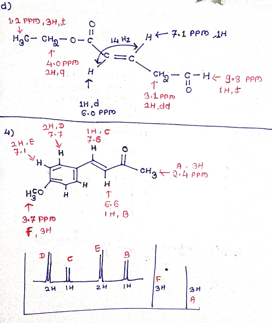 d) 12 PP,3H,t нt7.1 PPо 1н Hас- сна- о-с 40PPD 2н, 4 Н сн — с - нЕ 9.8 PPD 1н, + о 3.1Ppm ін.d 6.О PPp 2H dd 2Н, H C 7.6 н 4)