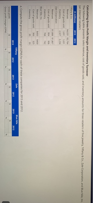 Calculating Gross Profit Margin and Inventory Turnover The following table presents sales revenue, cost of goods sold, and in