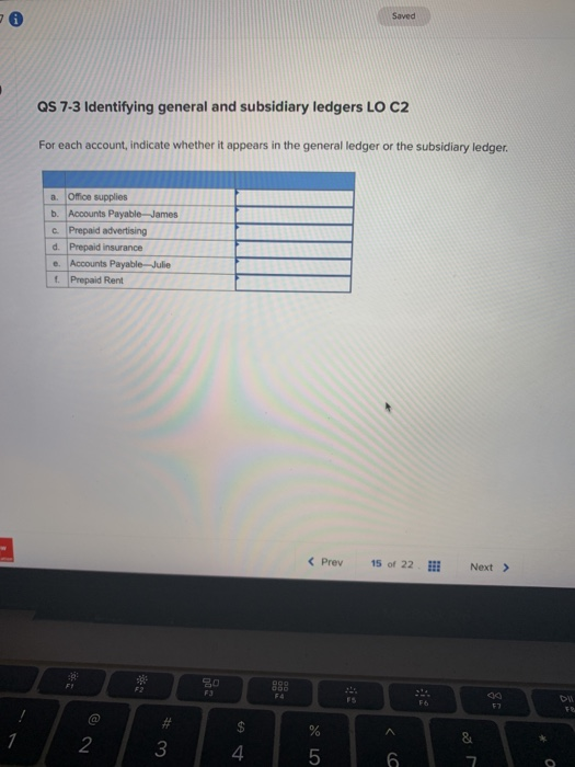 Saved QS 7-3 Identifying general and subsidiary ledgers LO C2 For each account, indicate whether it appears in the general le