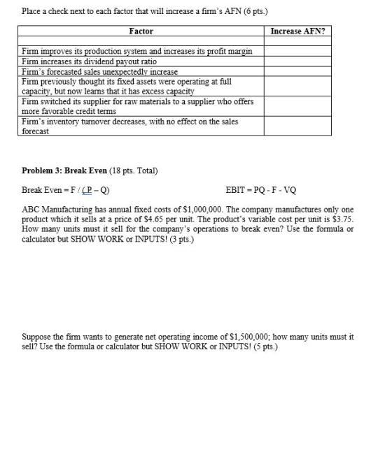 Place a check next to each factor that will increase a firms AFN (6 pts.) Factor Increase AFN? Firm improves its production