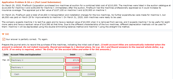 Application Problem 8-3A a-c (Part Level Submission) On March 20, 2020, FineTouch Corporation purchased two machines at aucti