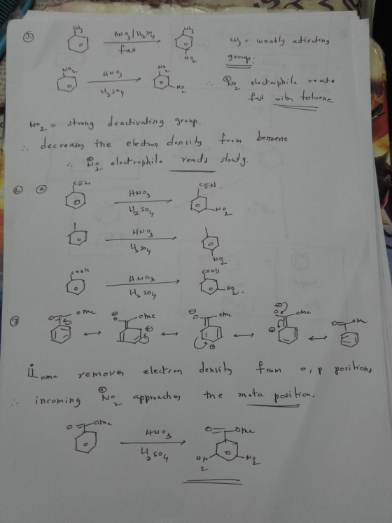 Ang / Hy sou fas ay = weatly activating group: ANG Qo M, electrophile reacte fast with toluene No = strong deactivating group