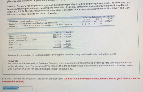 Sweeten Company had no jobs in progress at the beginning of March and no beginning inventories. The company has two manufactu