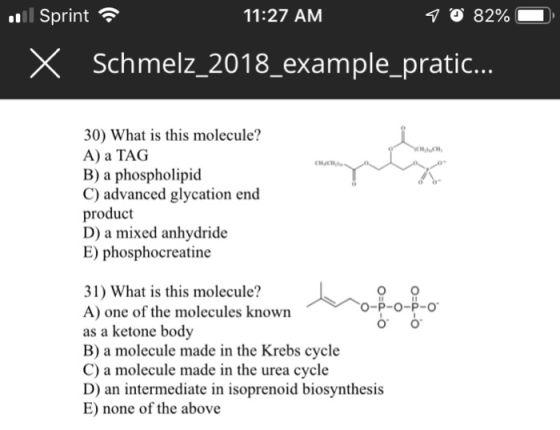 Sprint 11:27 AM 0 82% Schmelz-2018-example-pratic 30) What is this molecule? A) a TAG B) a phospholipid C) advanced glycation end product D) a mixed anhydride E) phosphocreatine H, 31) What is this molecule? A) one of the molecules known as a ketone body B) a molecule made in the Krebs cycle C) a molecule made in the urea cycle D) an intermediate in isoprenoid biosynthesis E) none of the above O-P-O-P-O