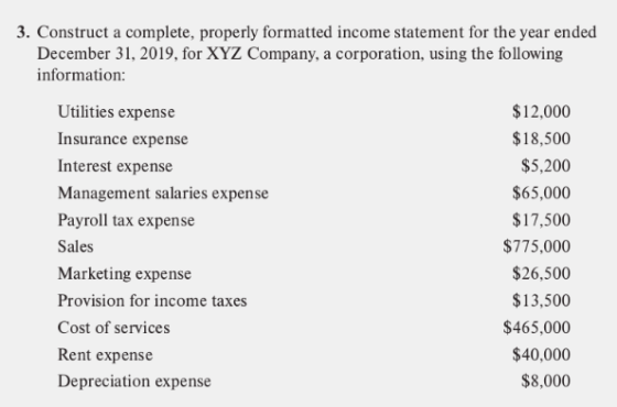 3. Construct a complete, properly formatted income statement for the year ended December 31, 2019, for XYZ Company, a corpora