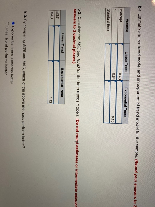 b-1. Estimate a linear trend model and an exponential trend model for the sample. (Round your answers to 2 Variable Linear Tr