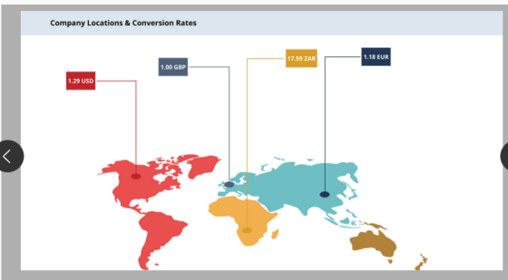 Company Locations & Conversion Rates 17.59 ZAR 1.18 EUR 1.00 GBP 1.29 USD