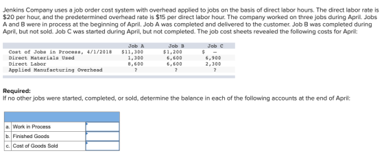 Jenkins Company uses a job order cost system with overhead applied to jobs on the basis of direct labor hours. The direct lab