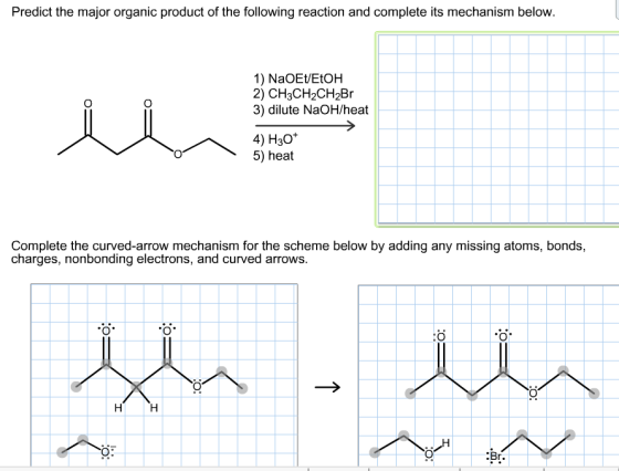 Predict the major organic product of the following reaction and complete its mechanism below. 1) NaOEt/EtOH 2) CH3CH2CH2Br 3)