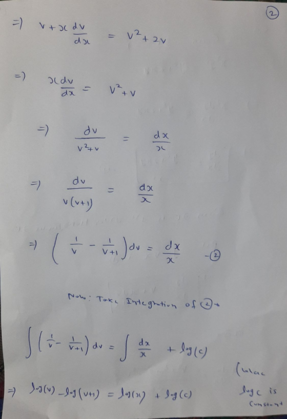 APICHA E neten da aldv da V²+v AP At^ dx du -> doc v(v+1) =) It was low dx a Now: Take Integration of - dr = dx s + - log (c)