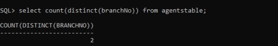 SQL> select count(distinct(branchNo)) from agentstable; COUNT(DISTINCT (BRANCHNO))
