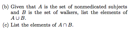 (b) Given that A is the set of nonmedicated subjects and B is the set of walkers, list the elements of AUB (c) List the elements of An B.