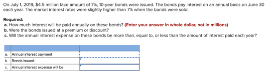 On July 1, 2019, $4.5 million face amount of 7%, 10-year bonds were issued. The bonds pay interest on an annual basis on June