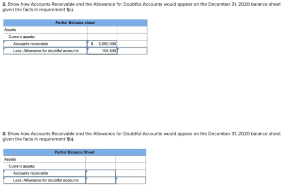 2. Show how Accounts Receivable and the Allowance for Doubtful Accounts would appear on the December 31, 2020 balance sheet g