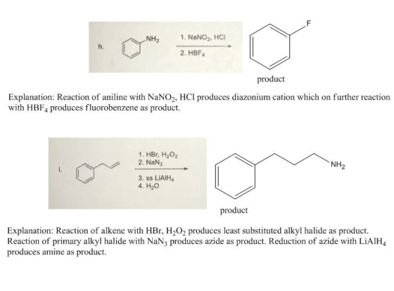 1. NaNO2, HCI 2. HBF4 product Explanation: Reaction of aniline with NaNO2, HCl produces diazonium cation which on further rea