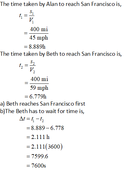 The time taken by Alan to reach San Francisco is V. 400 mi 45 mph -8.889h The time taken by Beth to reach San Francisco is, 400 mi 59 mph 6.779h a) Beth reaches San Francisco first b)The Beth has to wait for time is, At 8.889-6.778 2.1111h 2.111(3600) - 7599.6 - 7600s