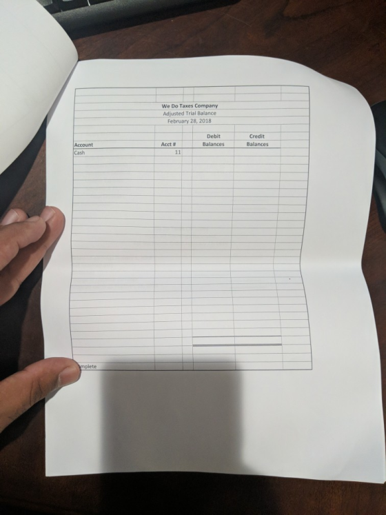 We Do Taxes Company Adjusted Trial Balance February 28, 2018 Debit Balances Credit Balances Account Acct # Cash mplete