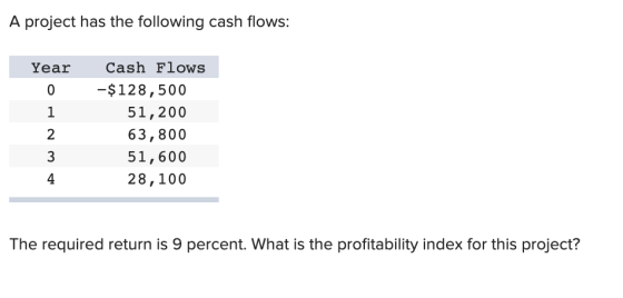 A project has the following cash flows: Year 0 Cash Flows -$ 128,500 51,200 63,800 51,600 28,100 AWN The required return is 9