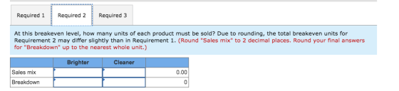 Required 1 Required 2 Required 3 At this breakeven level, how many units of each product must be sold? Due to rounding, the t