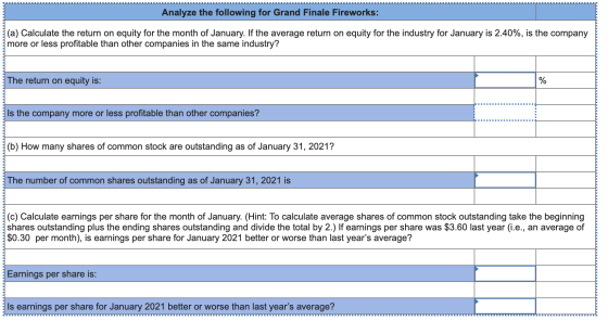 Analyze the following for Grand Finale Fireworks: (a) Calculate the return on equity for the month of January. If the average