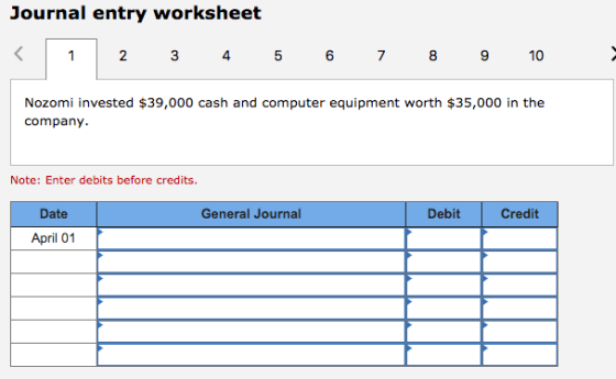 Journal entry worksheet 2 3 4 5 6 7 8 9 10 Nozomi invested $39,000 cash and computer equipment worth $35,000 in the company.