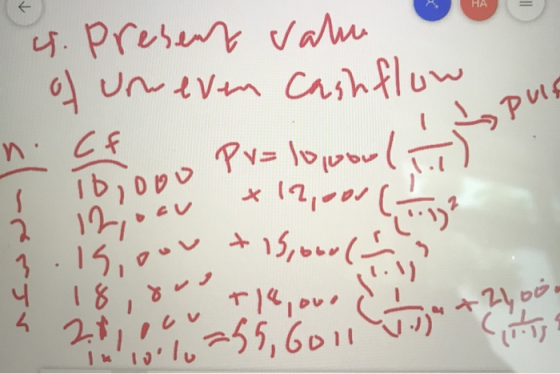 HA = pulf 4 18,800 4. Present value of uneven Cashflow n. Cf Pr=looool 12,000 + 15,ooo +14, our 256, Goll ht) {:1² ( 10,000