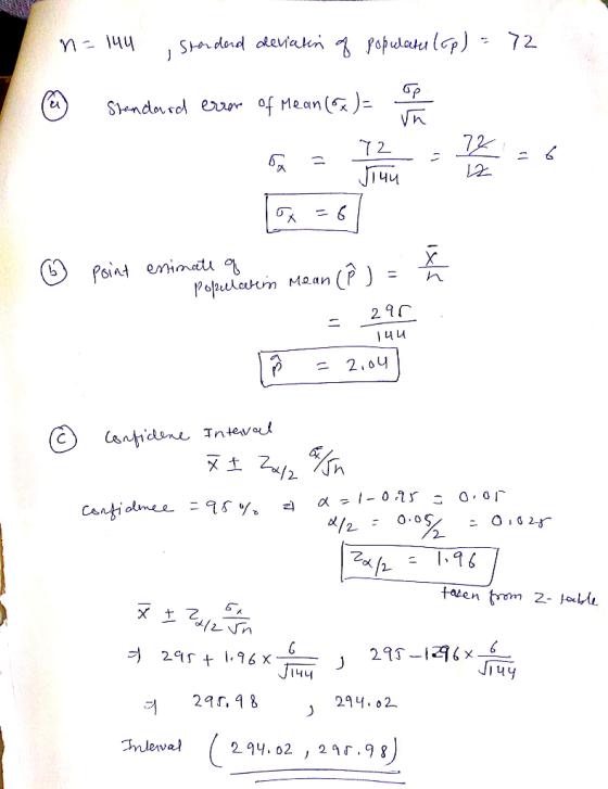 n=144 , Standard deviation of populatu (ap) = 72 (4) Standard error of Mean (8x)= ☺ point enimate darin Mean (A) = 44 = you Ñ