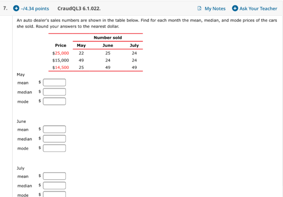 7. + -14.34 points CraudQL3 6.1.022. My Notes Ask Your Teacher An auto dealers sales numbers are shown in the table below. F