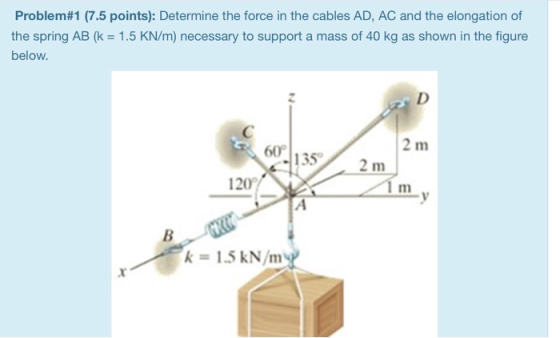Problem#1 (7.5 points): Determine the force in the cables AD, AC and the elongation of the spring AB (k = 1.5 KN/m) necessary