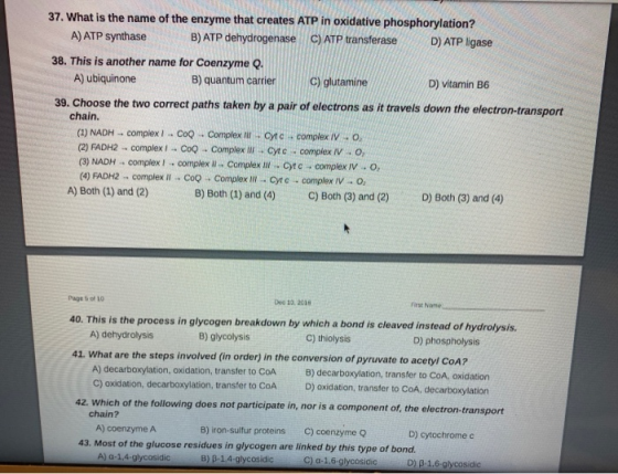 37. What is the name of the enzyme that creates ATP in oxidative phosphorylation? A) ATP synthase B) ATP dehydrogenase C) ATP