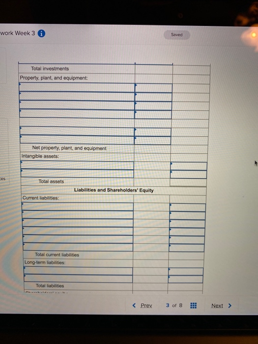 work Week 3 0 Saved Total investments Property, plant, and equipment: Net property, plant, and equipment Intangible assets: T