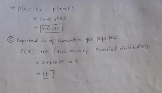 > plx 21). I-placi) - 1-0.3585 - 10.6415 & Expected no. of Computers get infected {(x) = np (Here, mean of Binomial distribut