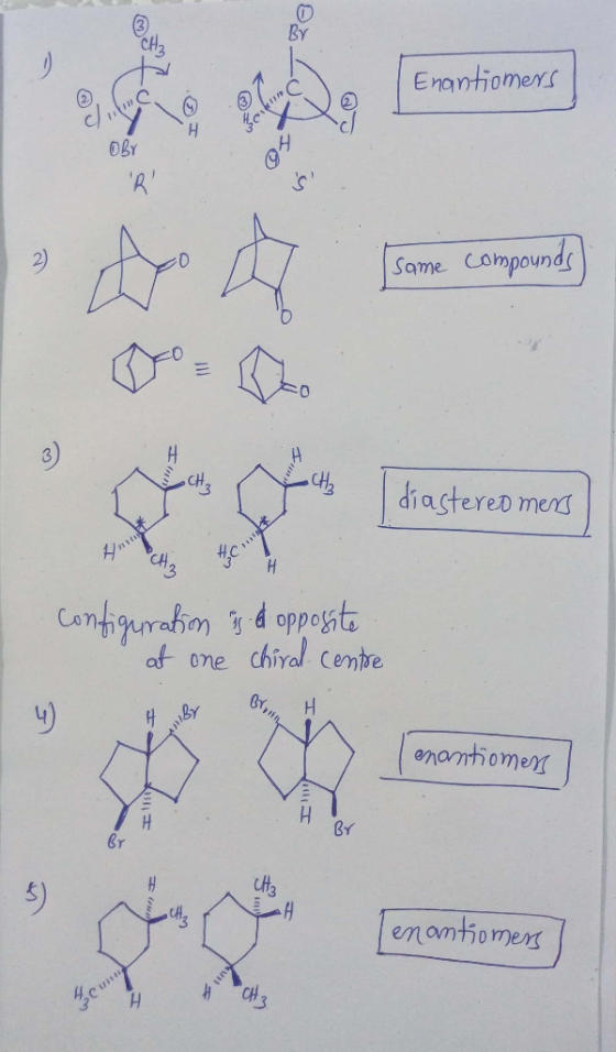 Enontomers BY same compound M 13 Idiastereomers configuration is d opposite at one chiral centre enantiomen I Tenantiomers] 0