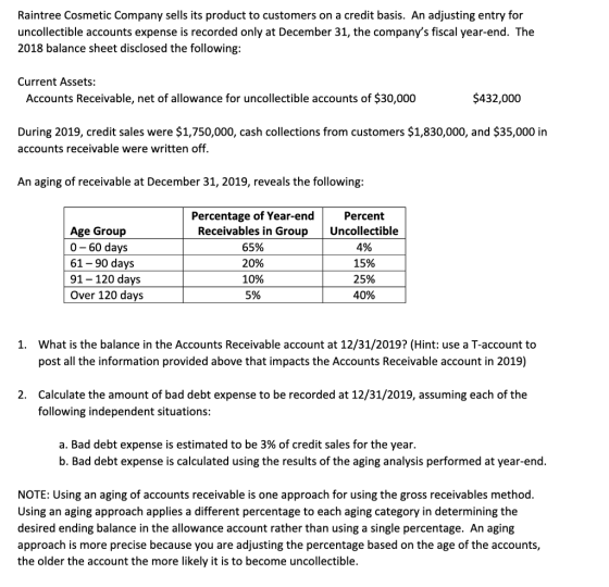 Raintree Cosmetic Company sells its product to customers on a credit basis. An adjusting entry for uncollectible accounts exp