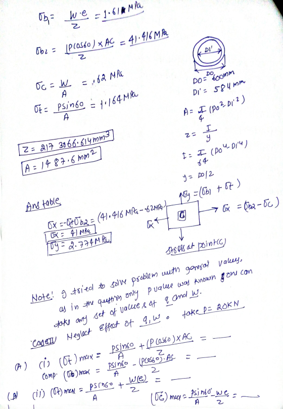 b = We = 1.61 MPa Z 0b2 = [prosto) * AC = 41.416 MPa Di 2 DO 62 MPa mm oc=W A Ot Psino A 1:164 Mia DO=600mm Di=584m A = I 180