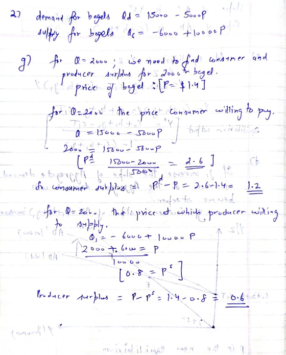 27 xl price of bogel : {P= $1.4] demand for bagels ad 15000 - 500 op sulfly for begels of a -6000 t1oooop for Q = 2000 we nee